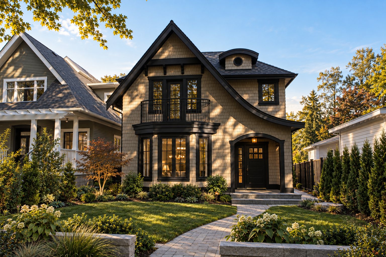 West 11th Residence front elevation with shingled facade and arched entry