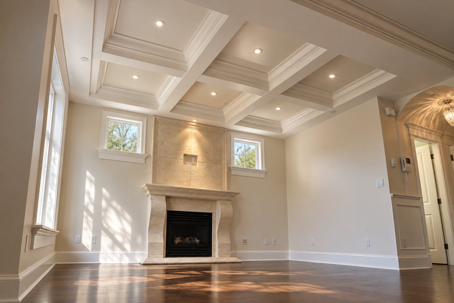 Family room with coffered ceiling and cast stone fireplace