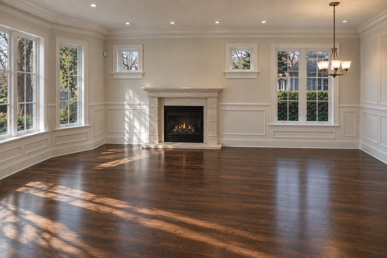 Living and dining room with cast stone fireplace and bay windows