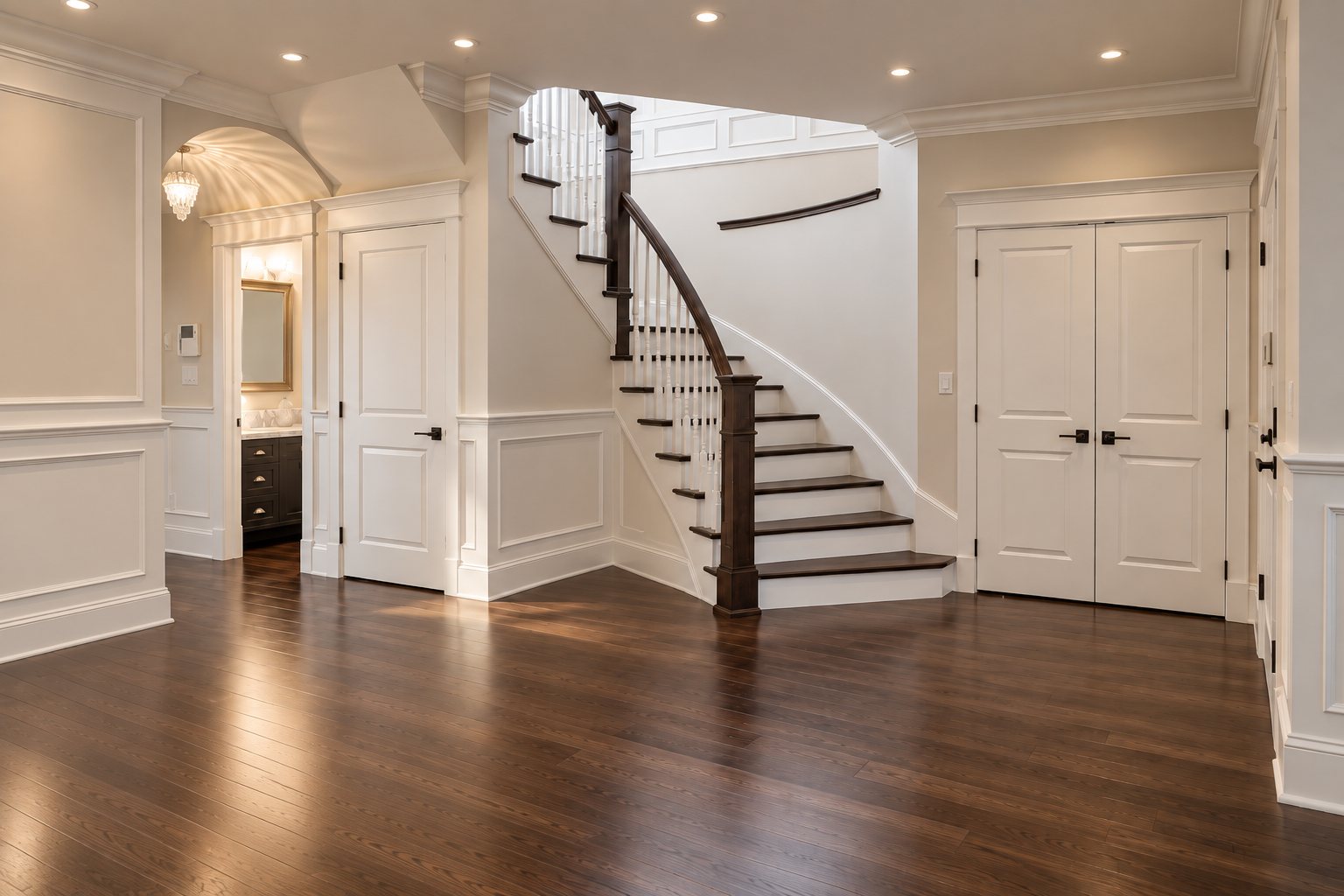 Curved staircase with dark wood railing and white wainscoting in the front hall