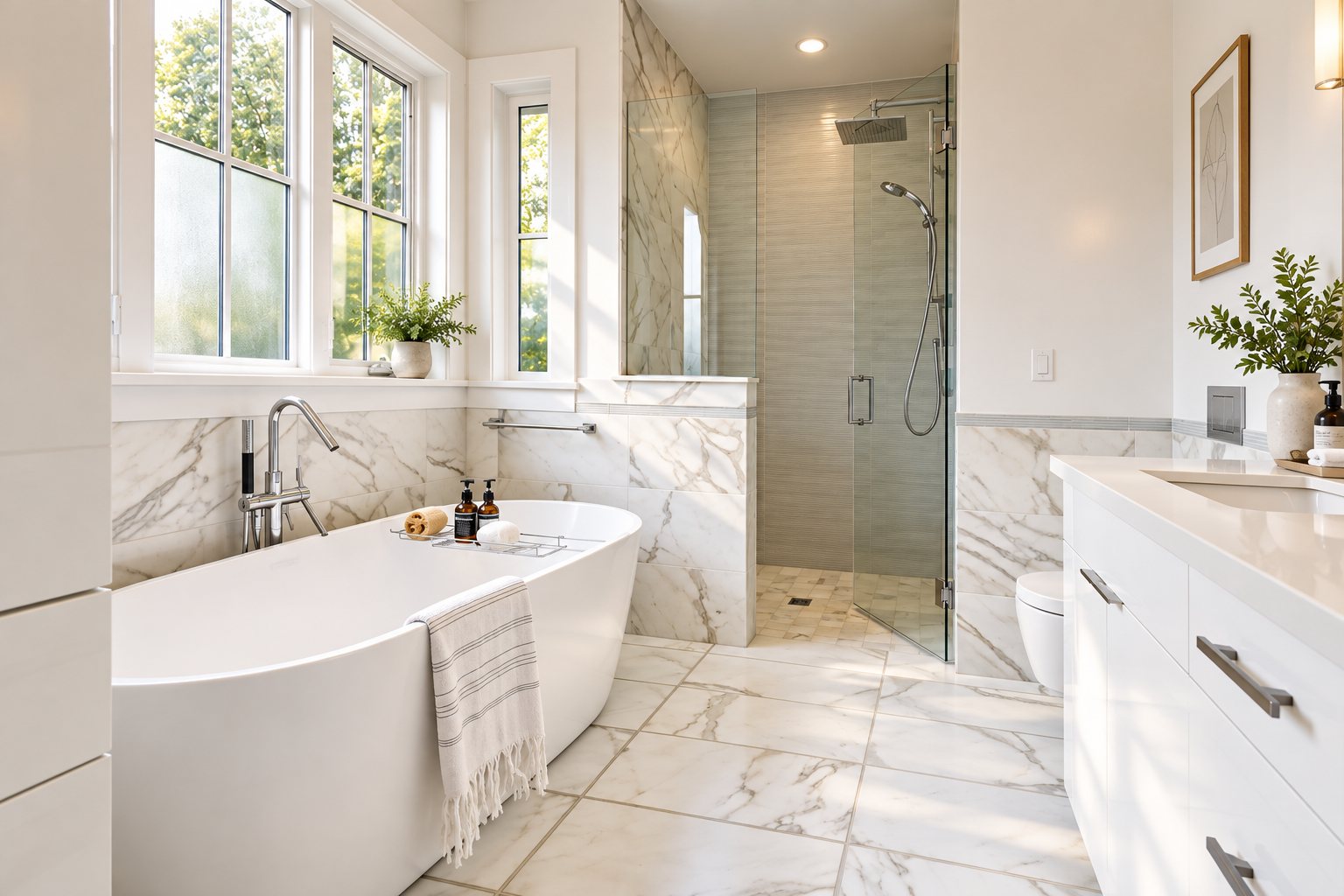 Primary ensuite with Calacatta tile, freestanding tub and glass shower
