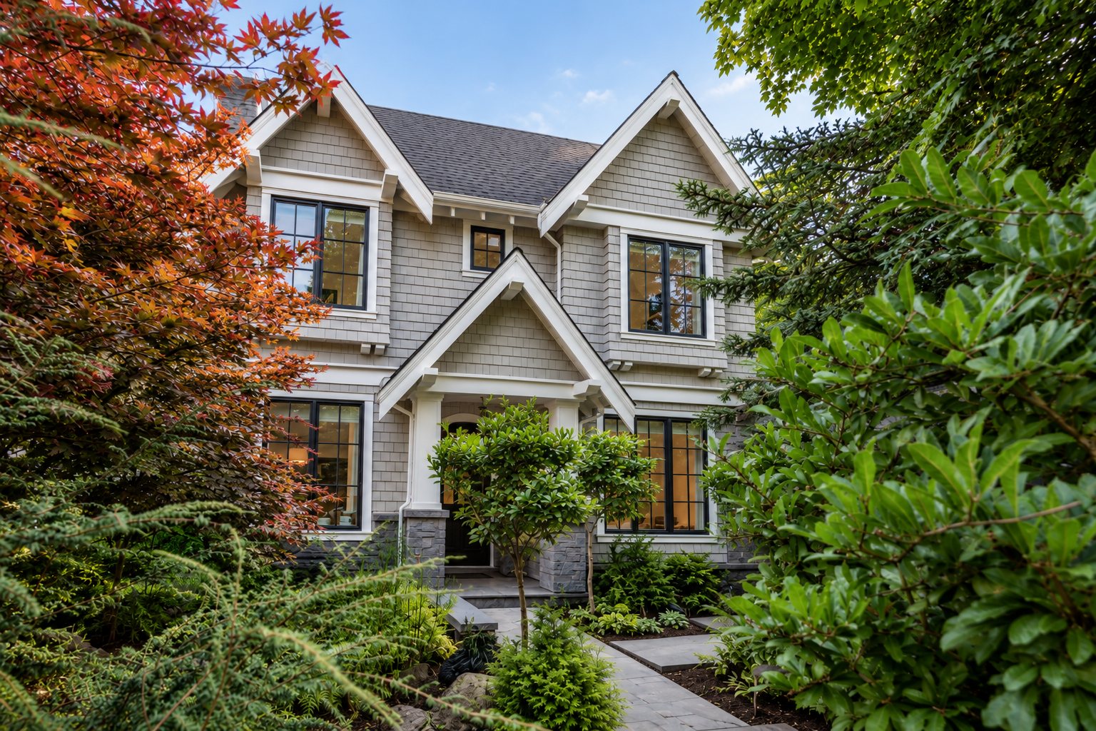 Westside Residence front elevation at dusk
