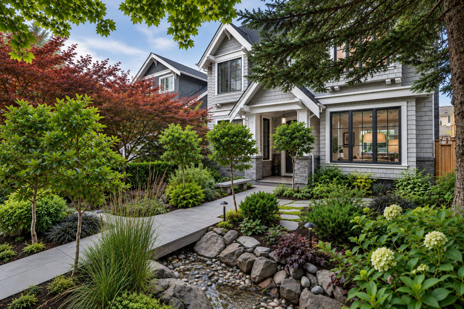 Front garden with pondless river, bridge, flagstone paths and stone bench