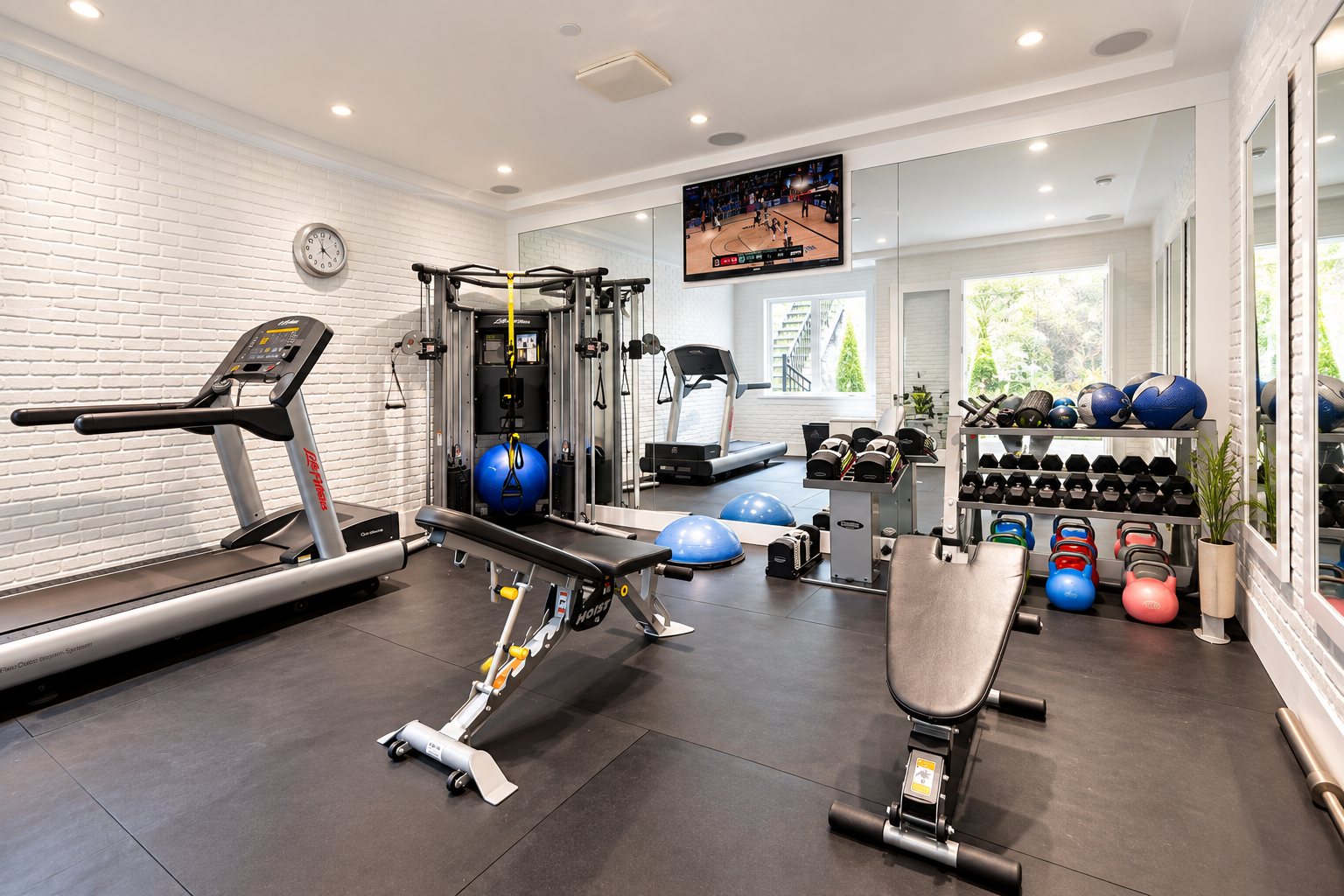 Sound-insulated home gym with white brick walls and commercial-grade rubber flooring