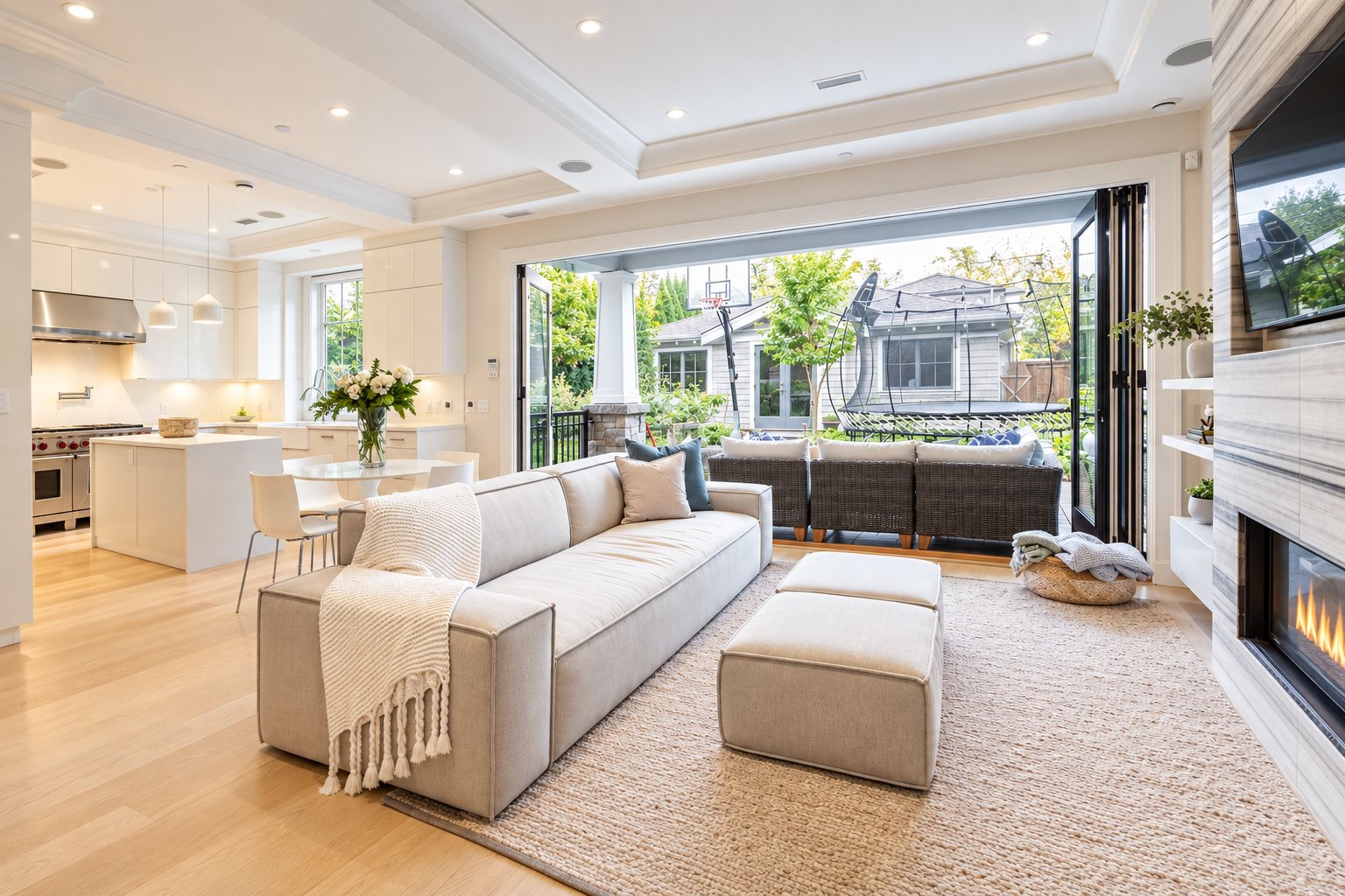 Open kitchen and living area with folding doors to the backyard